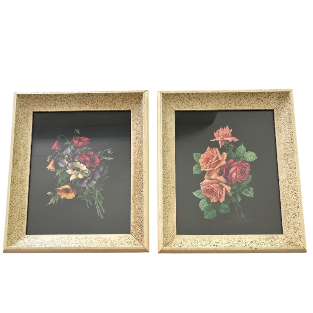 Vintage Floral Art Prints in Cream Vintage Wood Frames 12x10 Set Of Two
